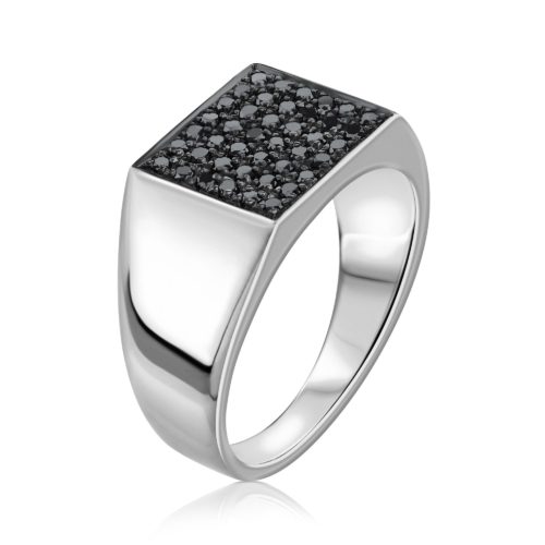 טבעת חותם מלבנית משובצת יהלומים שחורים