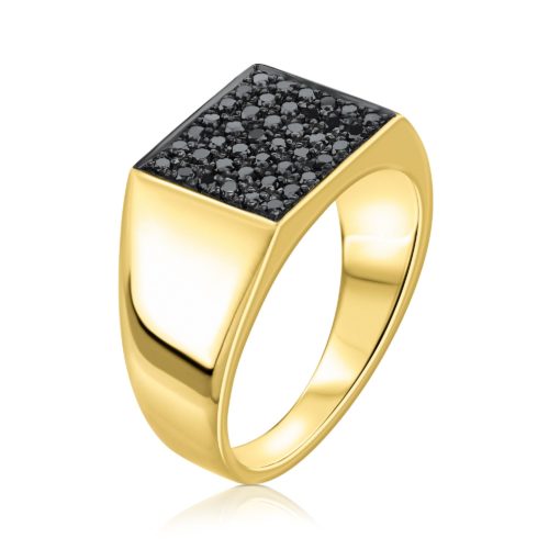 טבעת חותם מלבנית משובצת יהלומים שחורים