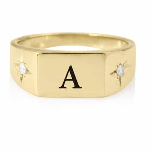 טבעת חותם מלבנית עם יהלומים בצדדים