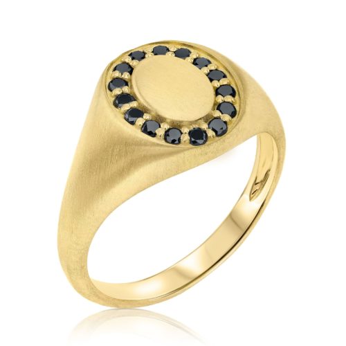 טבעת חותם אליפסה משובצת יהלומים שחורים