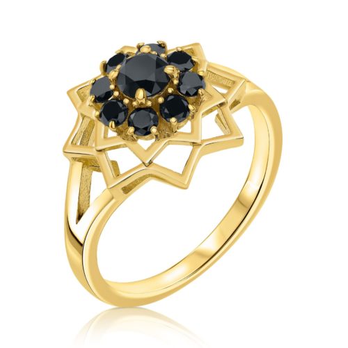 טבעת פרח משולשים משובצת יהלומים שחורים