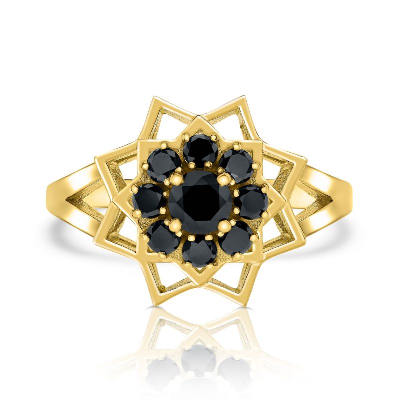 טבעת פרח משולשים משובצת יהלומים שחורים