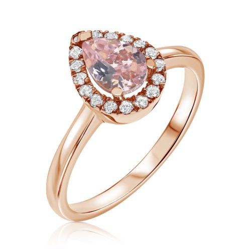 טבעת חלקה משובצת אבן מורגנייט ורודה ויהלומים לבנים