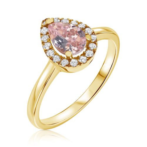 טבעת חלקה משובצת אבן מורגנייט ורודה ויהלומים לבנים