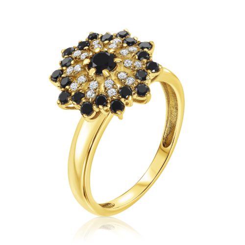 טבעת פרח משוגע משובצת יהלומים שחורים ולבנים