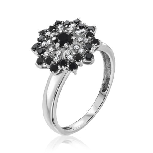 טבעת פרח משוגע משובצת יהלומים שחורים ולבנים