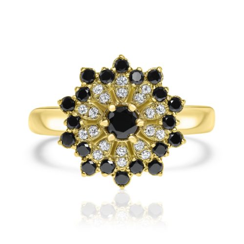 טבעת פרח משוגע משובצת יהלומים שחורים ולבנים
