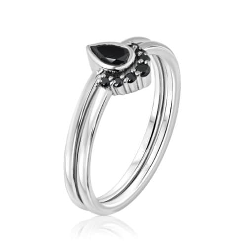 סט טבעות יהלומים שחורים עם יהלום טיפה שחור