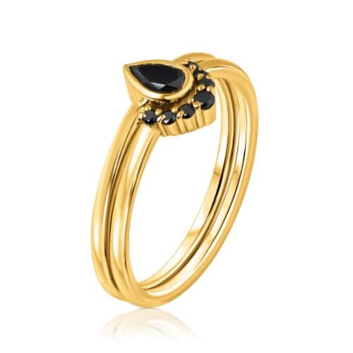 סט טבעות יהלומים שחורים עם יהלום טיפה שחור