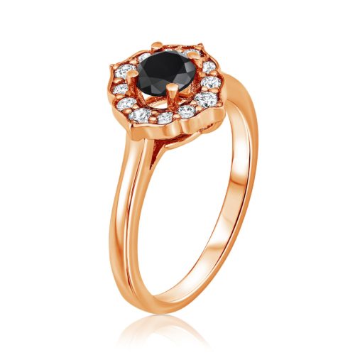 טבעת פרח וינטאג׳ יהלום מרכזי שחור ויהלומים לבנים בצדדים