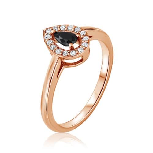 טבעת יהלום שחור בחיתוך טיפה עם יהלומים לבנים מסביב