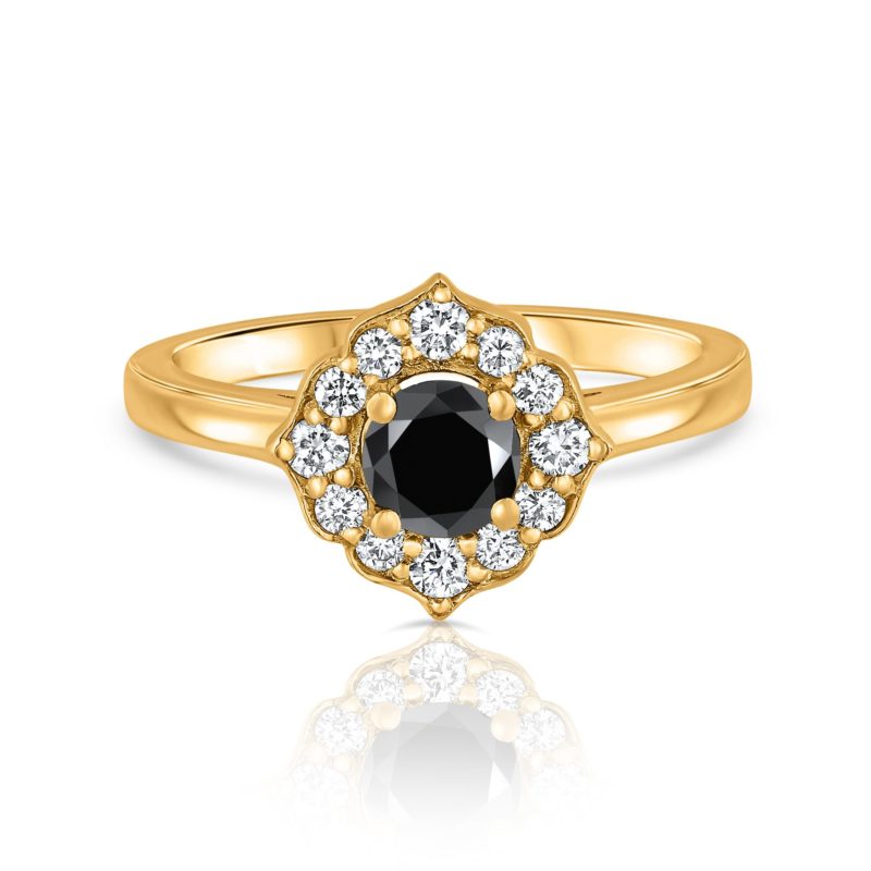 טבעת פרח וינטאג׳ יהלום מרכזי שחור ויהלומים לבנים בצדדים