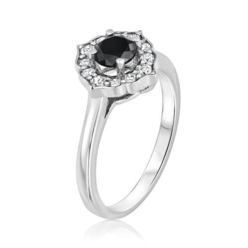 טבעת פרח וינטאג׳ יהלום מרכזי שחור ויהלומים לבנים בצדדים