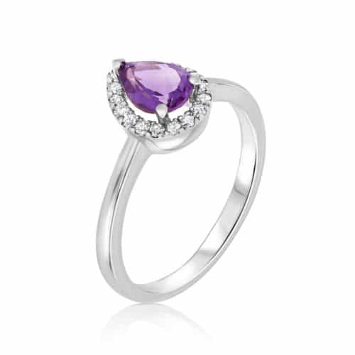 טבעת אבן אמטיסט סגולה בחיתוך טיפה ויהלומים לבנים מסביב