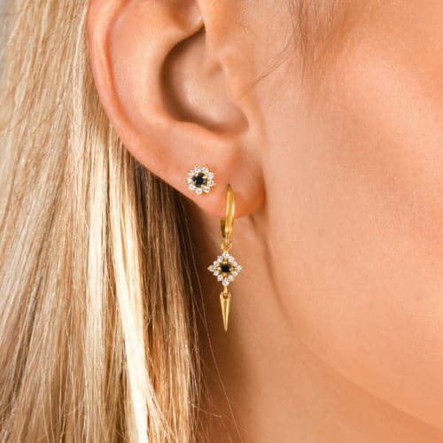 עגיל תליון כפול פרח יהלום שחור ויהלומים לבנים מסביב