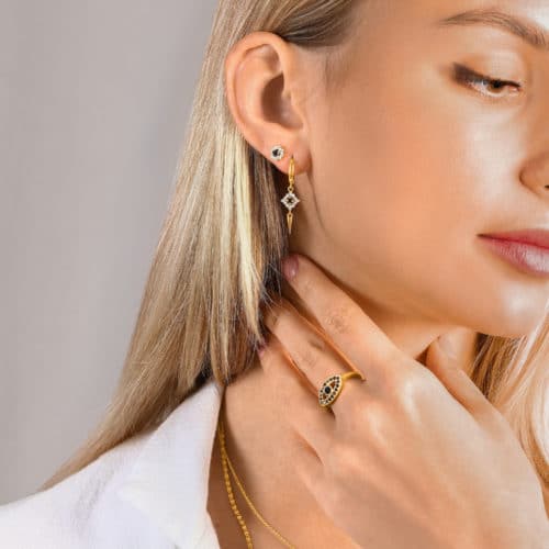 עגיל תליון כפול פרח יהלום שחור ויהלומים לבנים מסביב