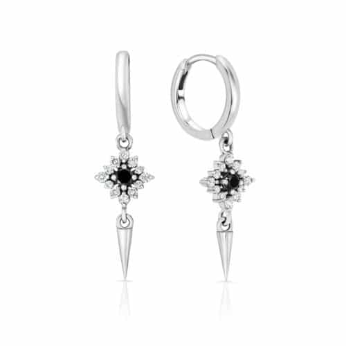 עגיל תליון כפול פרח יהלום שחור ויהלומים לבנים מסביב