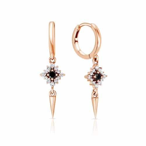 עגיל תליון כפול פרח יהלום שחור ויהלומים לבנים מסביב