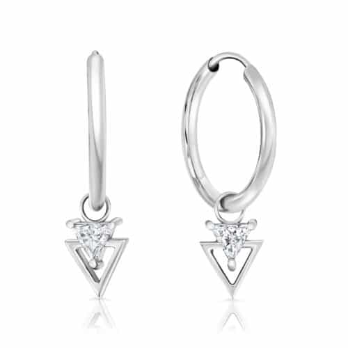 עגילי חישוק עם יהלום משולש לבן תלוי