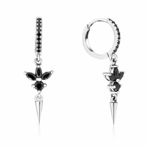 עגילי חישוק עם תליון לוטוס יהלומים שחור2ים