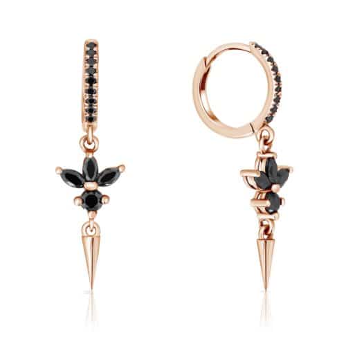 עגילי חישוק עם תליון לוטוס יהלומים שחורים