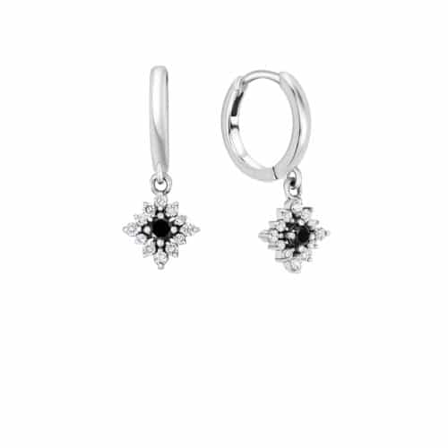 עגיל תליון כפול פרח יהלום שחור ויהלומים לבנים מסביב ללא קונוס