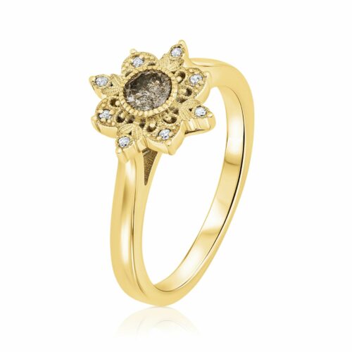 טבעת וינטאג׳ יהלום מרכזי אפור ויהלומים לבנים מסביב