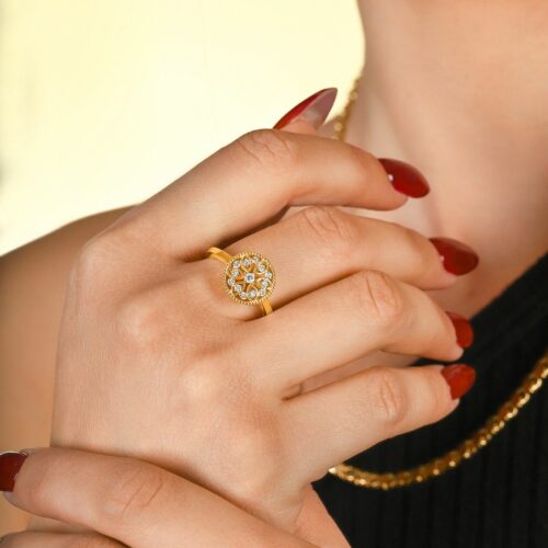 טבעת שמש וינטאג׳ עלים עם יהלום פרינסס לבן