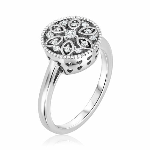 טבעת שמש וינטאג׳ עלים עם יהלום פרינסס לבן