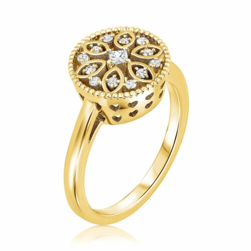 טבעת שמש וינטאג׳ עלים עם יהלום פרינסס לבן