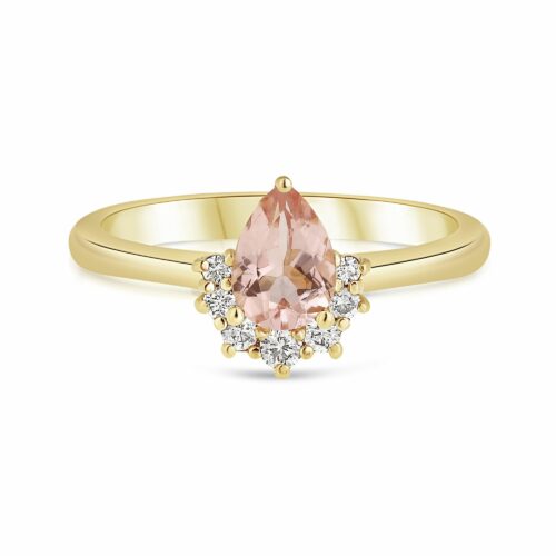 טבעת עם אבן מורגנייט ורודה בחיתוך טיפה וכתר יהלומים לבנים