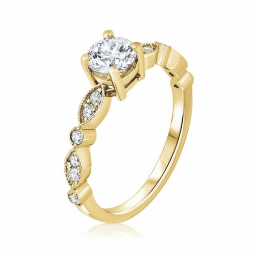 טבעת עלים משובצת יהלומים לבנים עם יהלום מרכזי לבן - יהלומי מעבדה