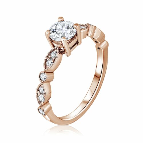 טבעת עלים משובצת יהלומים לבנים עם יהלום מרכזי לבן - יהלומי מעבדה