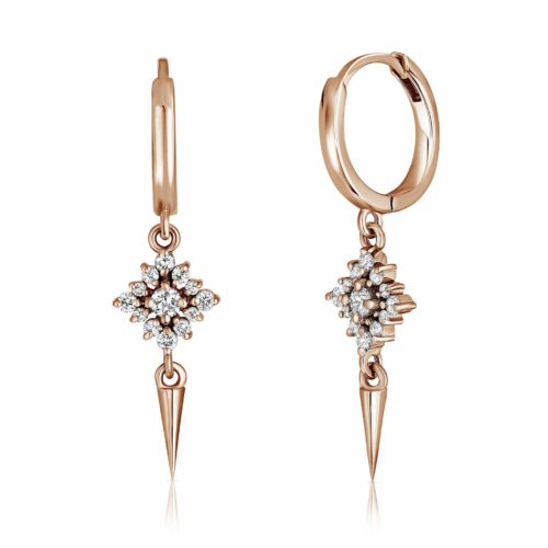 עגיל תליון כפול פרח יהלום לבן ויהלומים לבנים מסביב עם קונוס תלוי