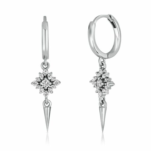 עגיל תליון כפול פרח יהלום לבן ויהלומים לבנים מסביב עם קונוס תלוי