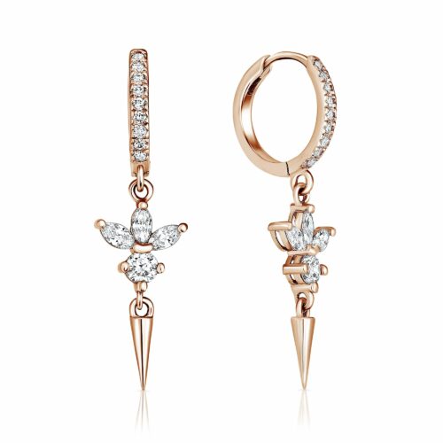 עגילי חישוק עם תליון לוטוס יהלומים לבנים