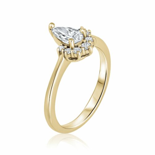 טבעת יהלום לבן בחיתוך טיפה עם כתר יהלומים לבנים - יהלומי מעבדה