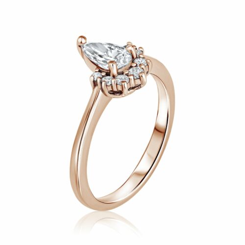 טבעת יהלום לבן בחיתוך טיפה עם כתר יהלומים לבנים - יהלומי מעבדה