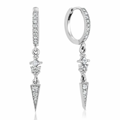 עגילי חישוק משובצים יהלומים לבנים עם יהלום פרינסס לבן תלוי ו3 יהלומים עגולים מחוברים לקונוס משובץ יהלומים