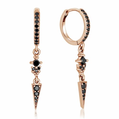 עגילי חישוק משובצים יהלומים שחורים עם יהלום פרינסס שחור תלוי ו3 יהלומים עגולים מחוברים לקונוס משובץ יהלומים