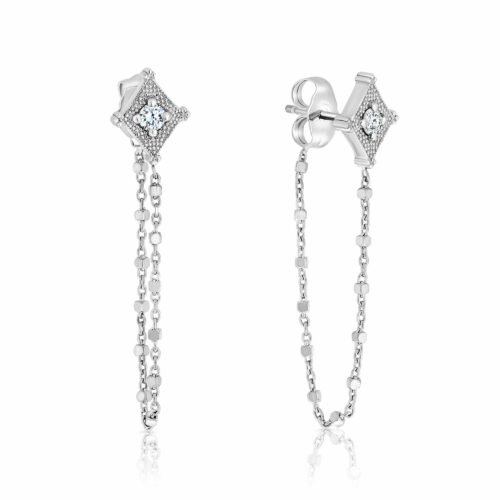 עגילי מעויין וינטאג׳ משובץ יהלום לבן ושרשרת זהב מיוחדת מחוברת לסוגר