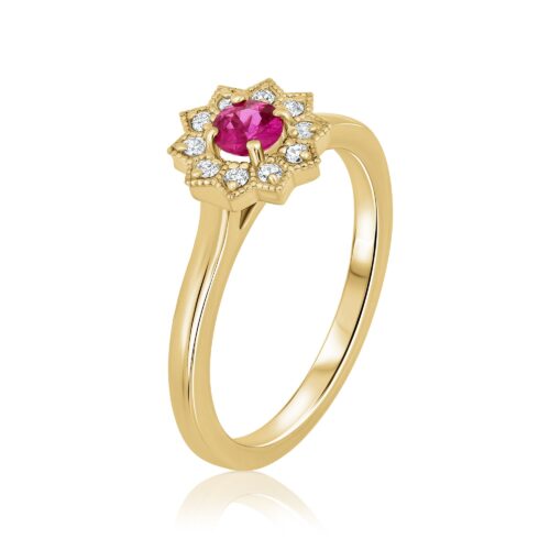 טבעת פרח מיוחד עם רובי עגול טבעי במרכז ויהלומים לבנים מסביב