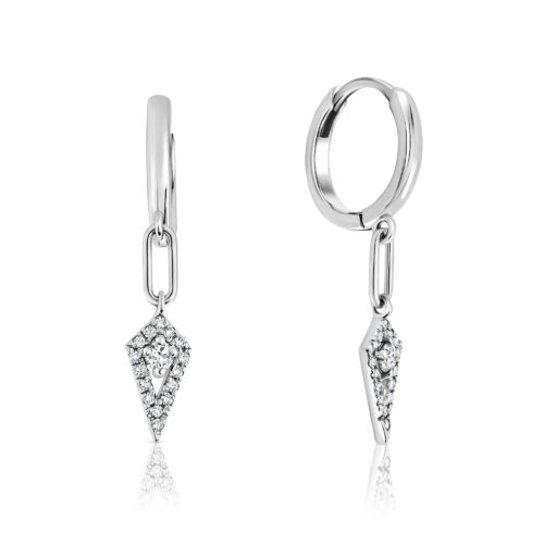 עגילי חישוק לולאה ארוכה וחץ מעוצב יהלומים עם יהלום לבן במרכז