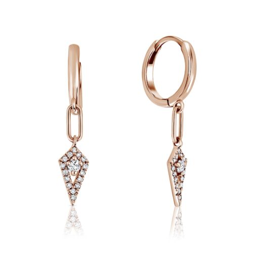 עגילי חישוק לולאה ארוכה וחץ מעוצב יהלומים עם יהלום לבן במרכז