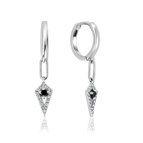 עגילי חישוק לולאה ארוכה וחץ מעוצב יהלומים עם יהלום שחור במרכז