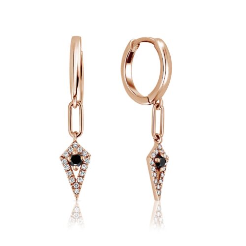 עגילי חישוק לולאה ארוכה וחץ מעוצב יהלומים עם יהלום שחור במרכז