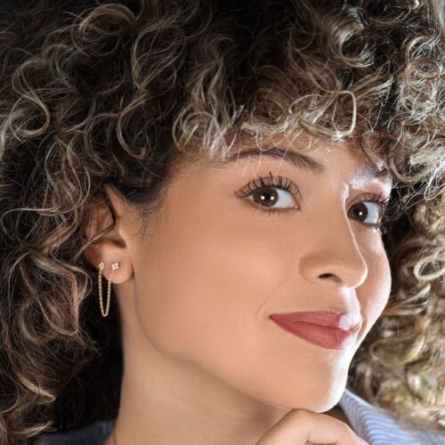 עגיל פרח יהלומים לבנים כפול ל 2 חורים צמודים