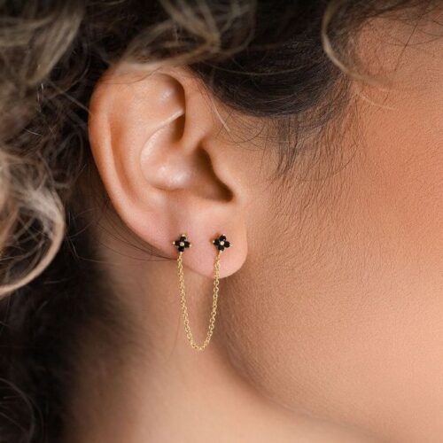 עגיל פרח יהלומים שחורים כפול ל 2 חורים צמודים