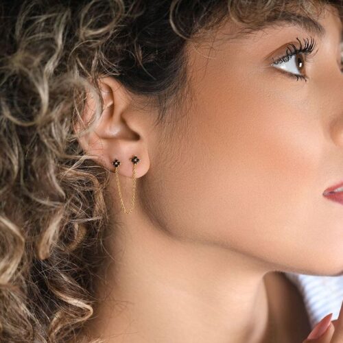 עגיל פרח יהלומים שחורים כפול ל 2 חורים צמודים