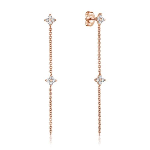 עגיל פרח כפול עם שרשרת עדינה משובץ יהלומים לבנים